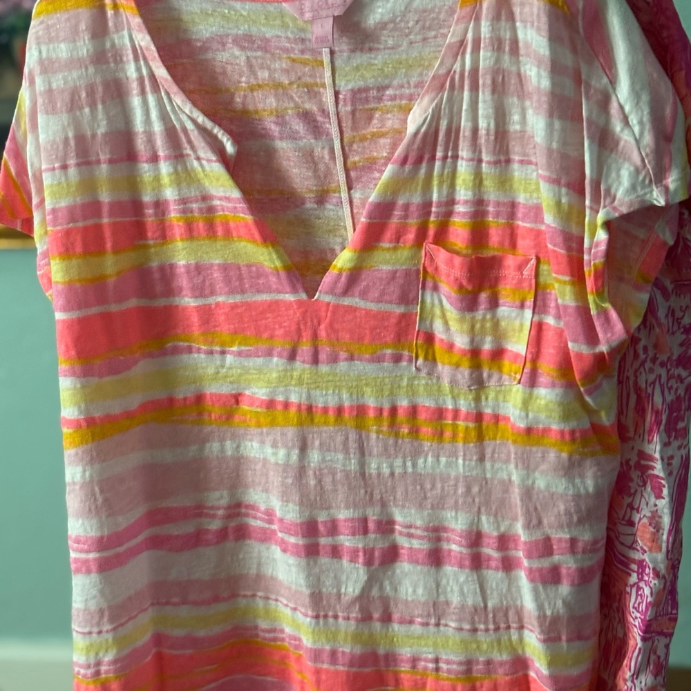Striped Pink and Yellow V-Neck Cap Sleeve Linen Top